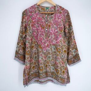 Dolma Silk Tunic Top Womens S Floral Embroidered Boho Hippie Resort Multicolor